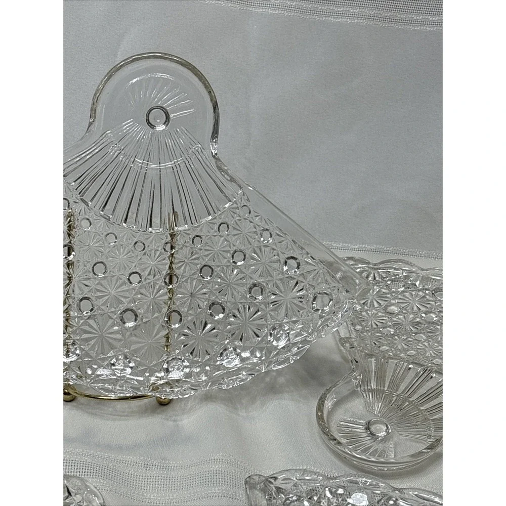 4 Vtg Fan Vanity Tray Dishes Daisy Button Pattern Anchor Hocking Party Christmas